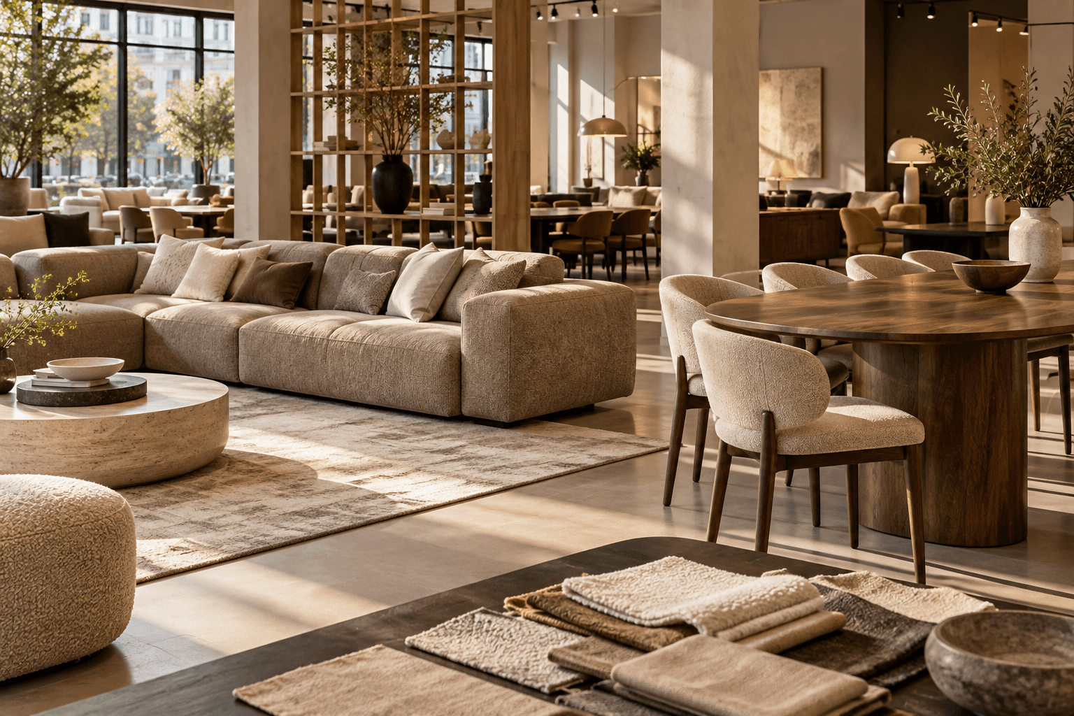 Meubelshowroom met bank, eettafel en zorgvuldig gepresenteerde stoffen