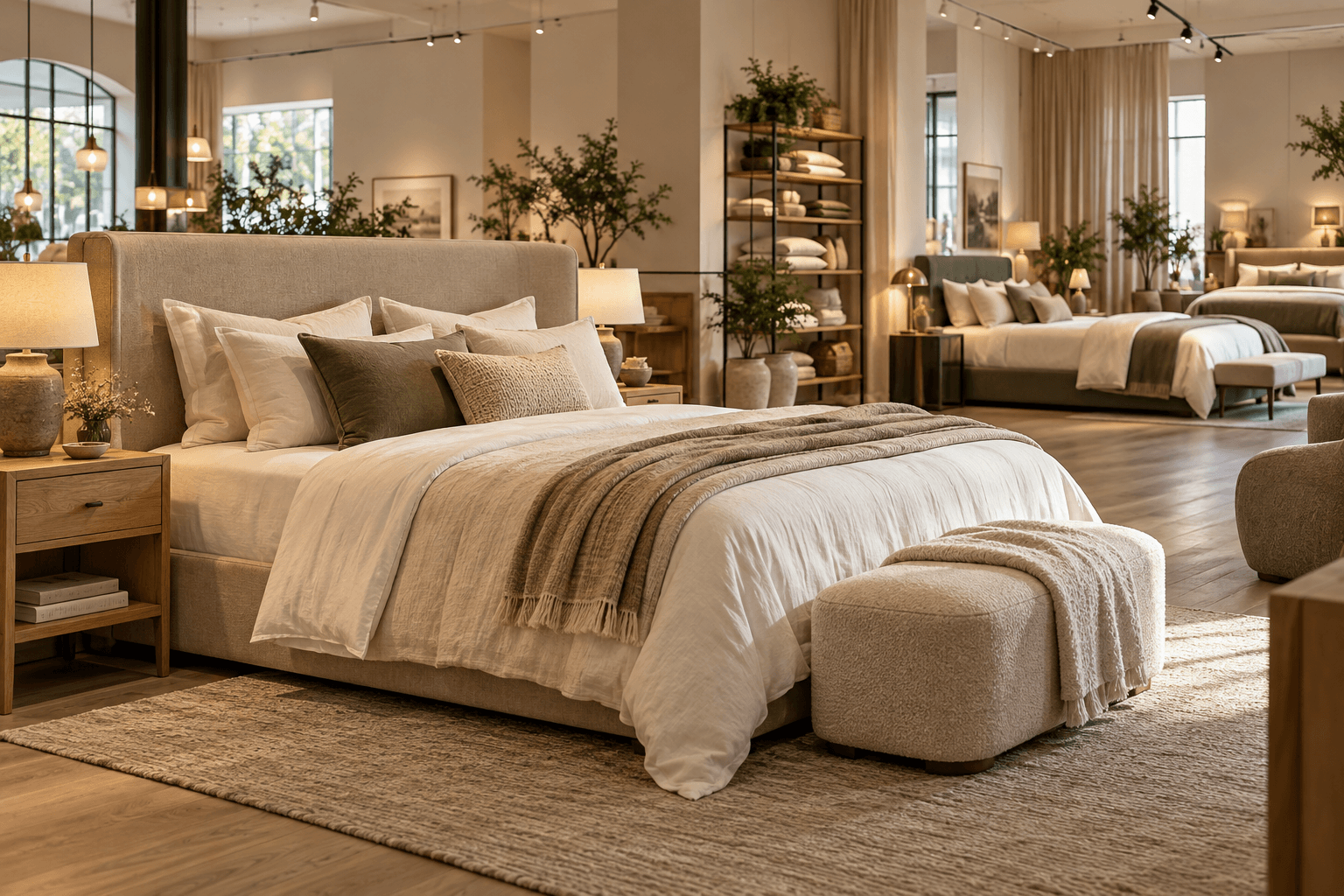Warme beddenshowroom met natuurlijke materialen en zorgvuldig gepresenteerd bed